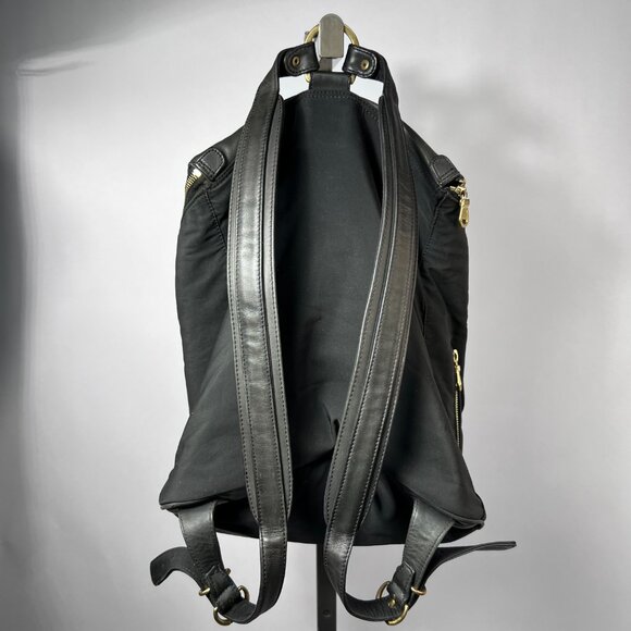 JOHNNY FARAH Black Leather/Nylon Backpack with Gold metal Hardware - Picture 2 of 12
